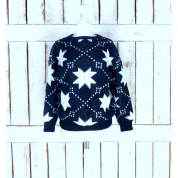 Vintage black grey white star holiday wool knit snow cabin pullover sweater - Picture 1 of 7